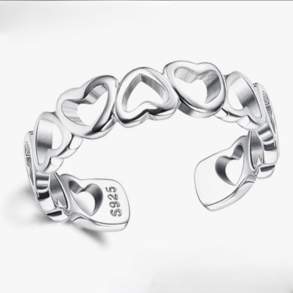 New Solid 925 Sterling Silver Joined Open Heart Fully Adjustable Open Toe Ring