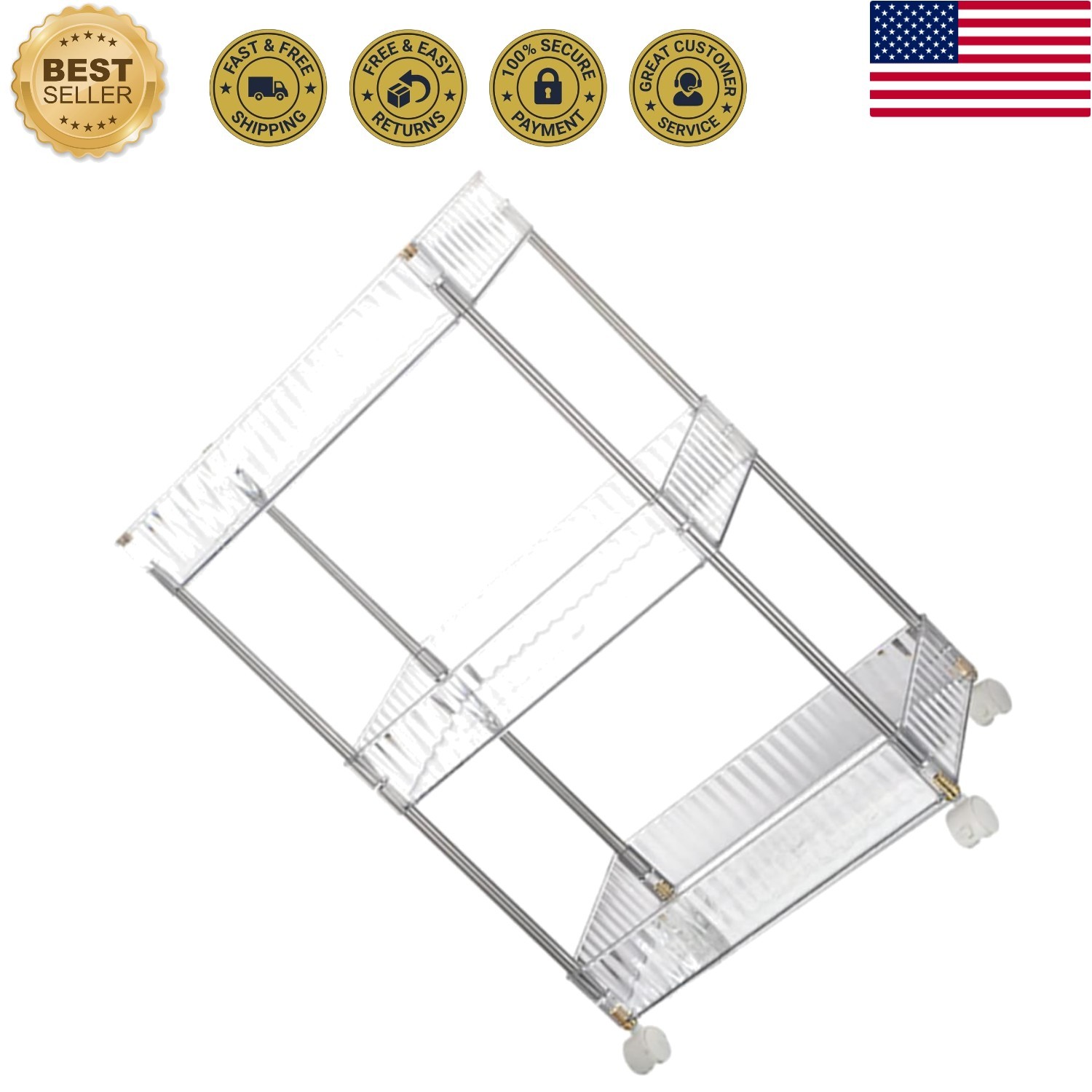 3-Tier Rolling Kitchen Trolley Rack Storage Bins Multi-Layer Utility Cart for...
