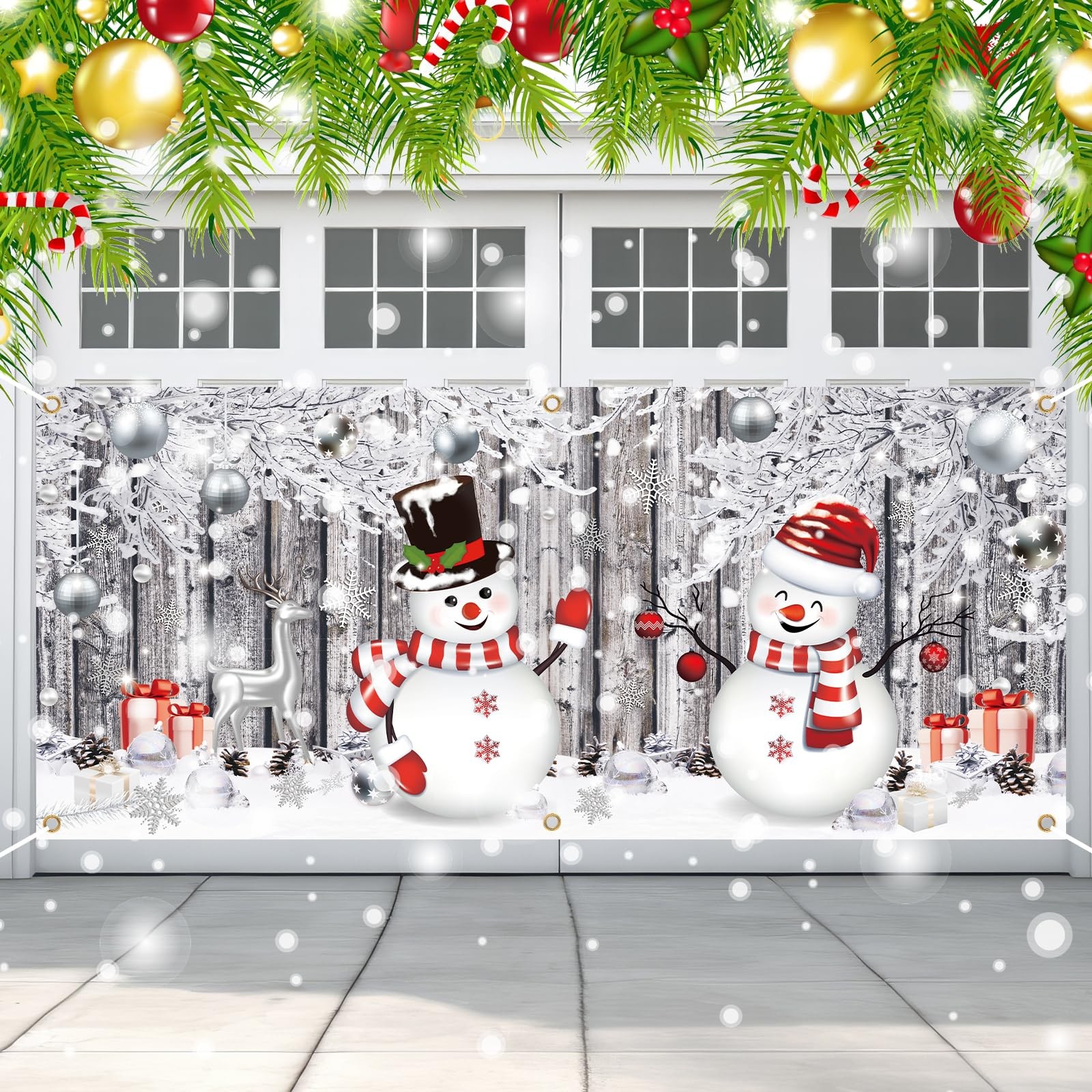 Qeeenar Snowmen Garage Door Banner Decoration 7x16 ft Winter Holiday Cover