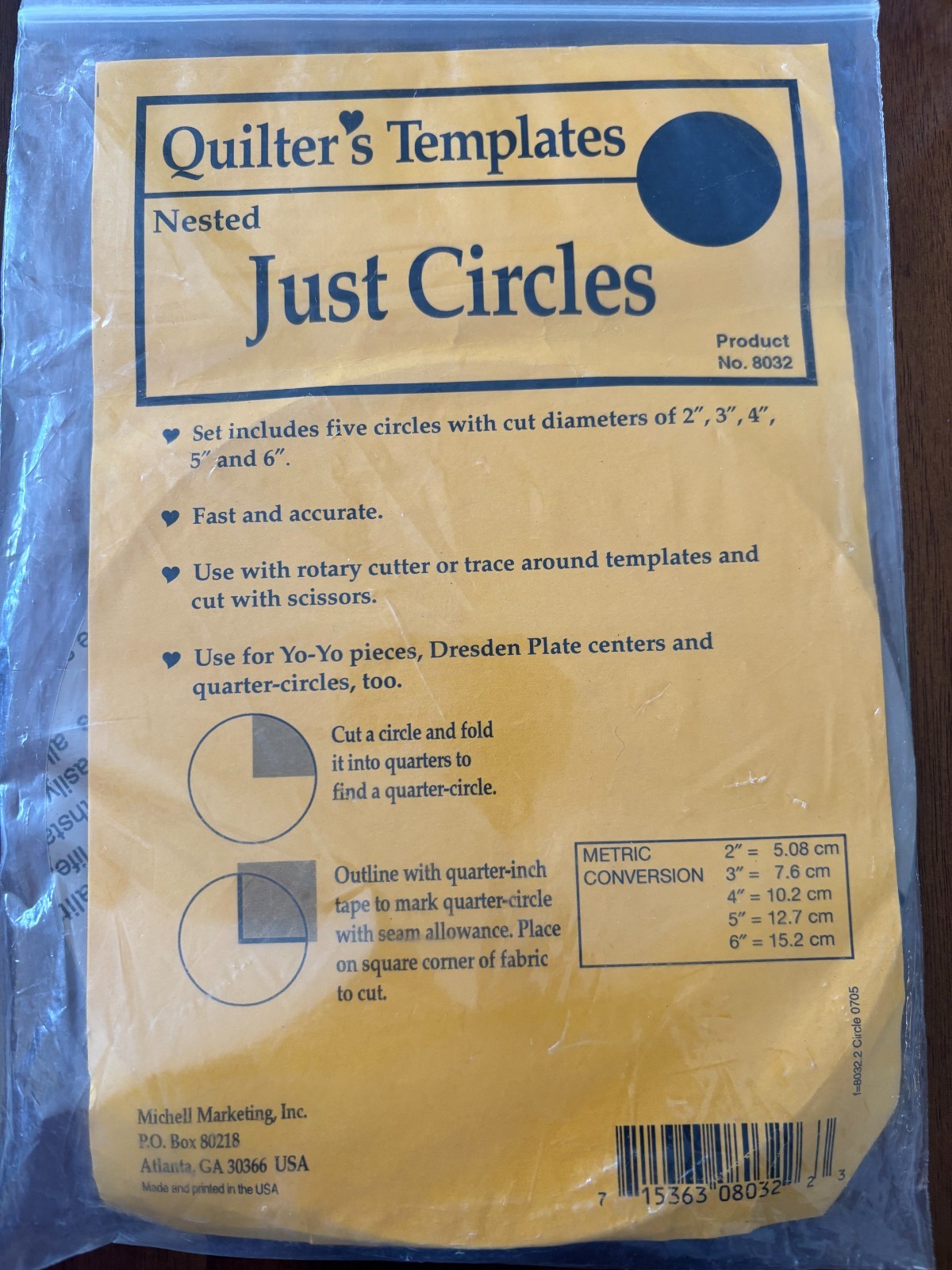 QUILTER'S TEMPLATES NESTED JUST CIRCLE #8032 5 CIRCLES 2,3,4,5,6" MARTI MITCHELL