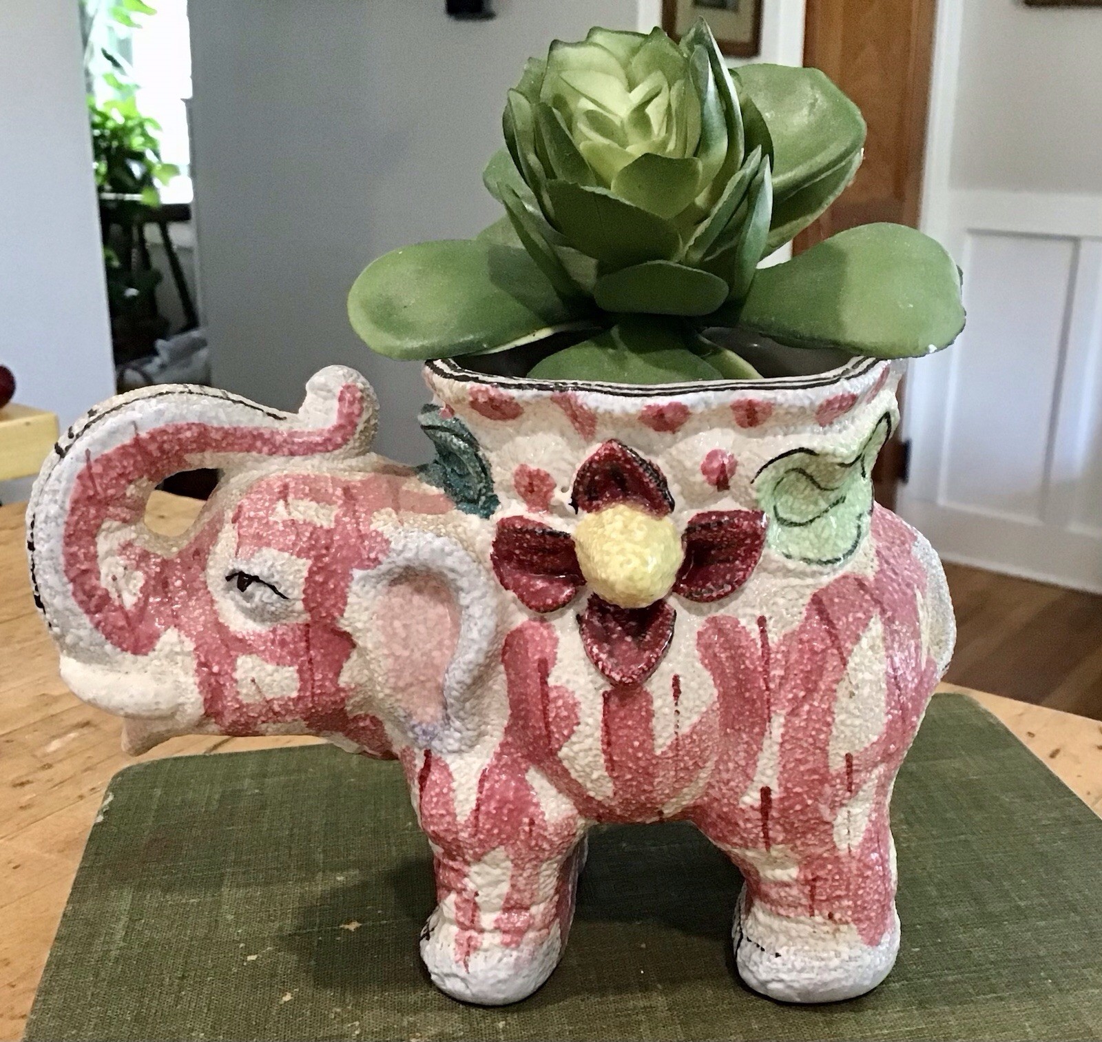 Vintage Lefton Hand Painted Textured Pink Elephant Planter  5.5” Long Trunk Up!