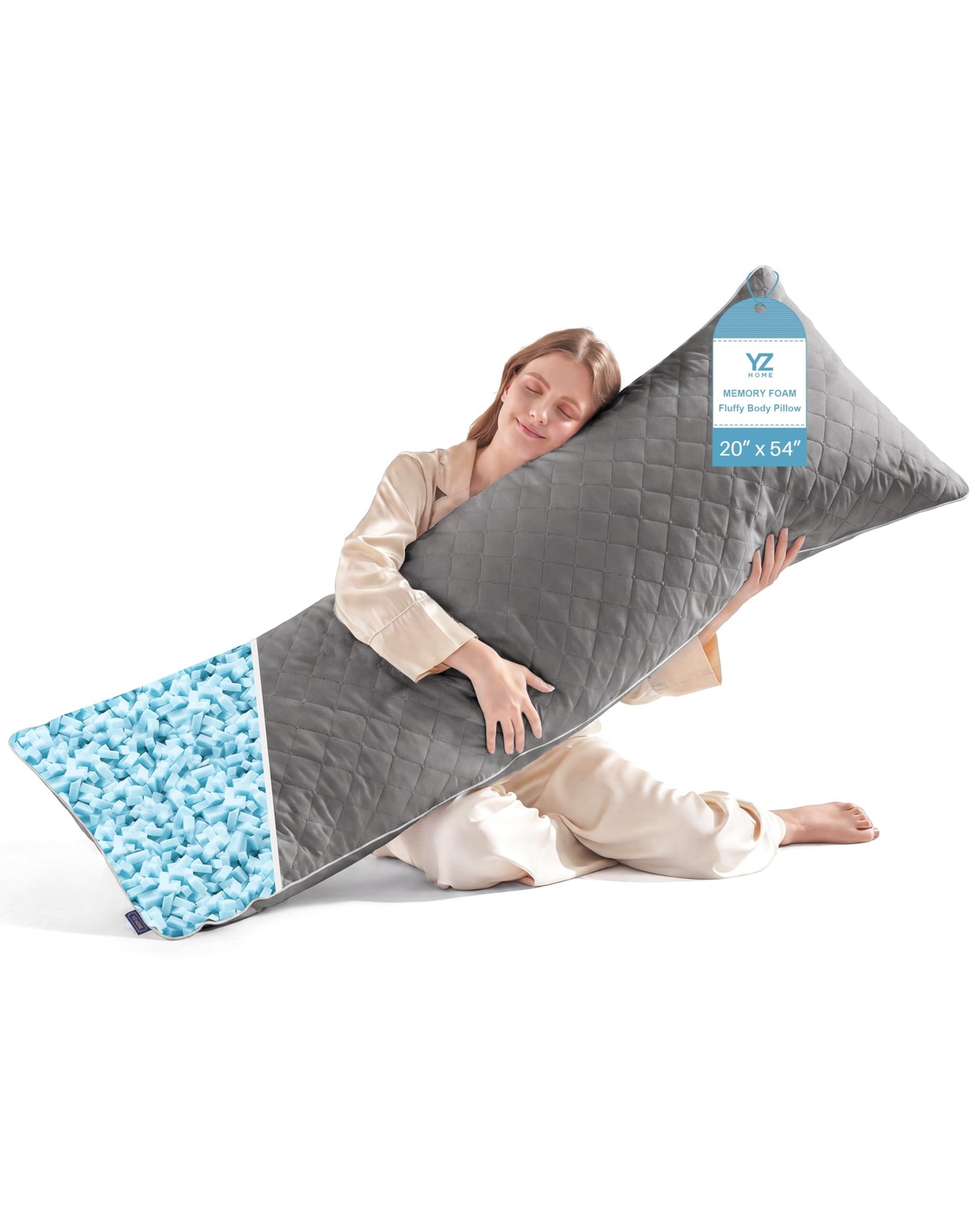 Long Body Pillow Shredded Memory Foam Adjustable Support For Side Sleepers Grey