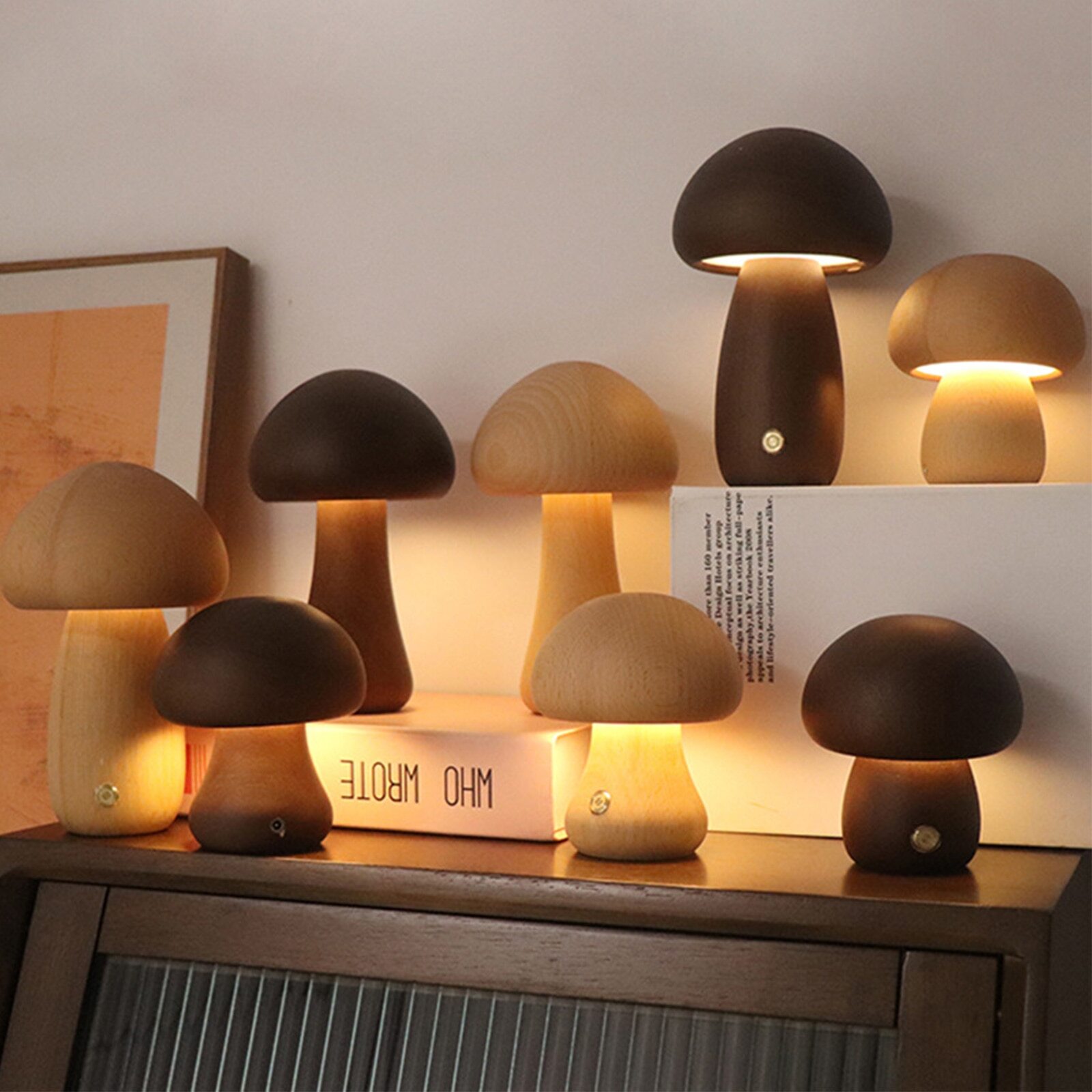 LED Night Light with Touch Switch Wooden Cute Mushroom Light Bedside Table Lamp