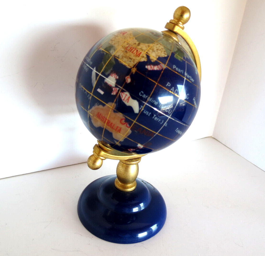 Vtg Blue Lapis Lazuli MACHELI Globe Inlaid Stones MOP Beautiful Rotating