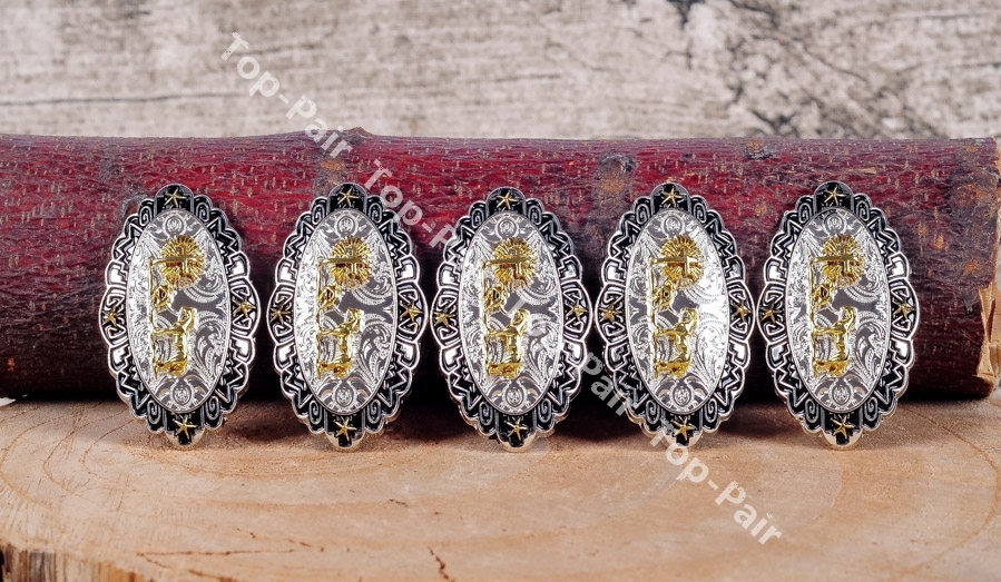 5PCS 50*30mm Western Gold Silver Plated Horse Cross Belt Leathercraft CONCHOS