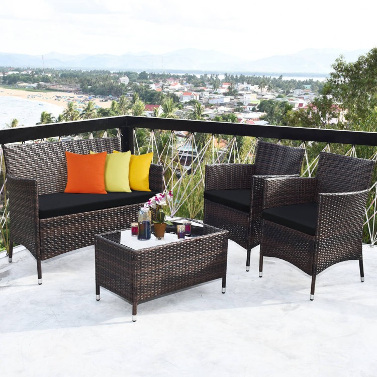 4-Piece Rust-Resistant Steel+Rattan Outdoor Sofa Set & Rectangle Glass Table