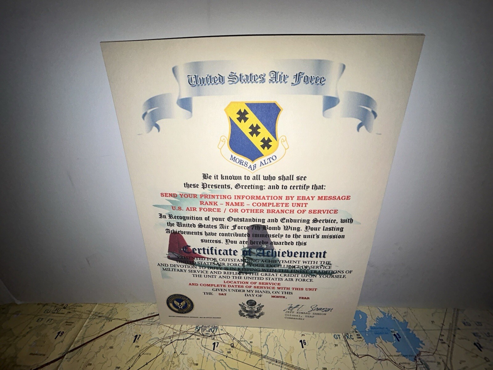U.S.A.F. / AIR FORCE 7TH BOMB WING - CERTIFICATE OF ACHIEVEMENT
