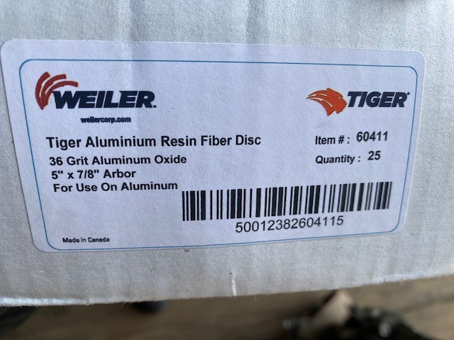 (25 PACK) Weiler 60411 5" x 7/8" 36 Grit Tiger Aluminum RFD