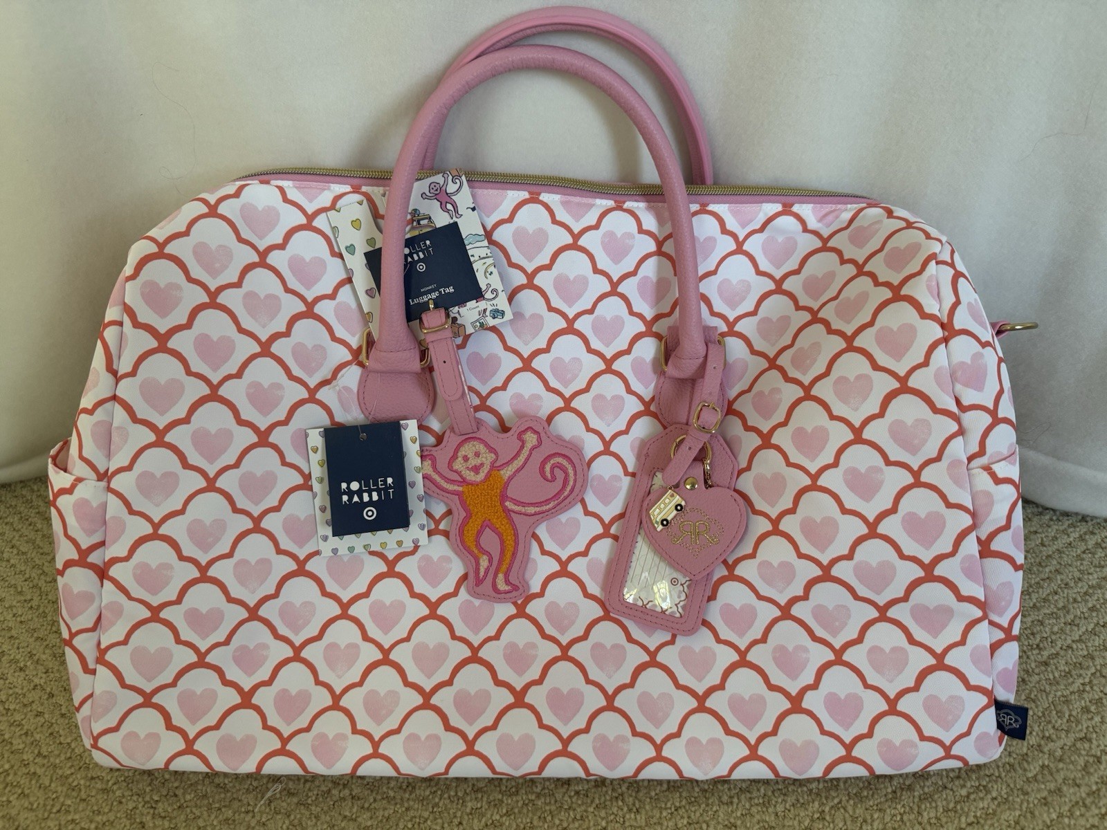 NWT Roller Rabbit Pink Geo Hearts Weekender Travel Duffel Bag +🐒 Luggage ID Tag