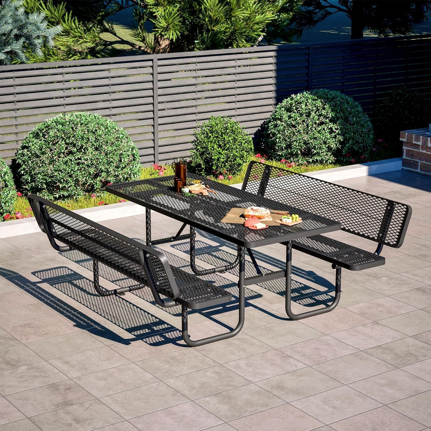 72" Heavy Duty Metal Picnic Table w/  Backrest &Benches & Umbrella Pole, Black