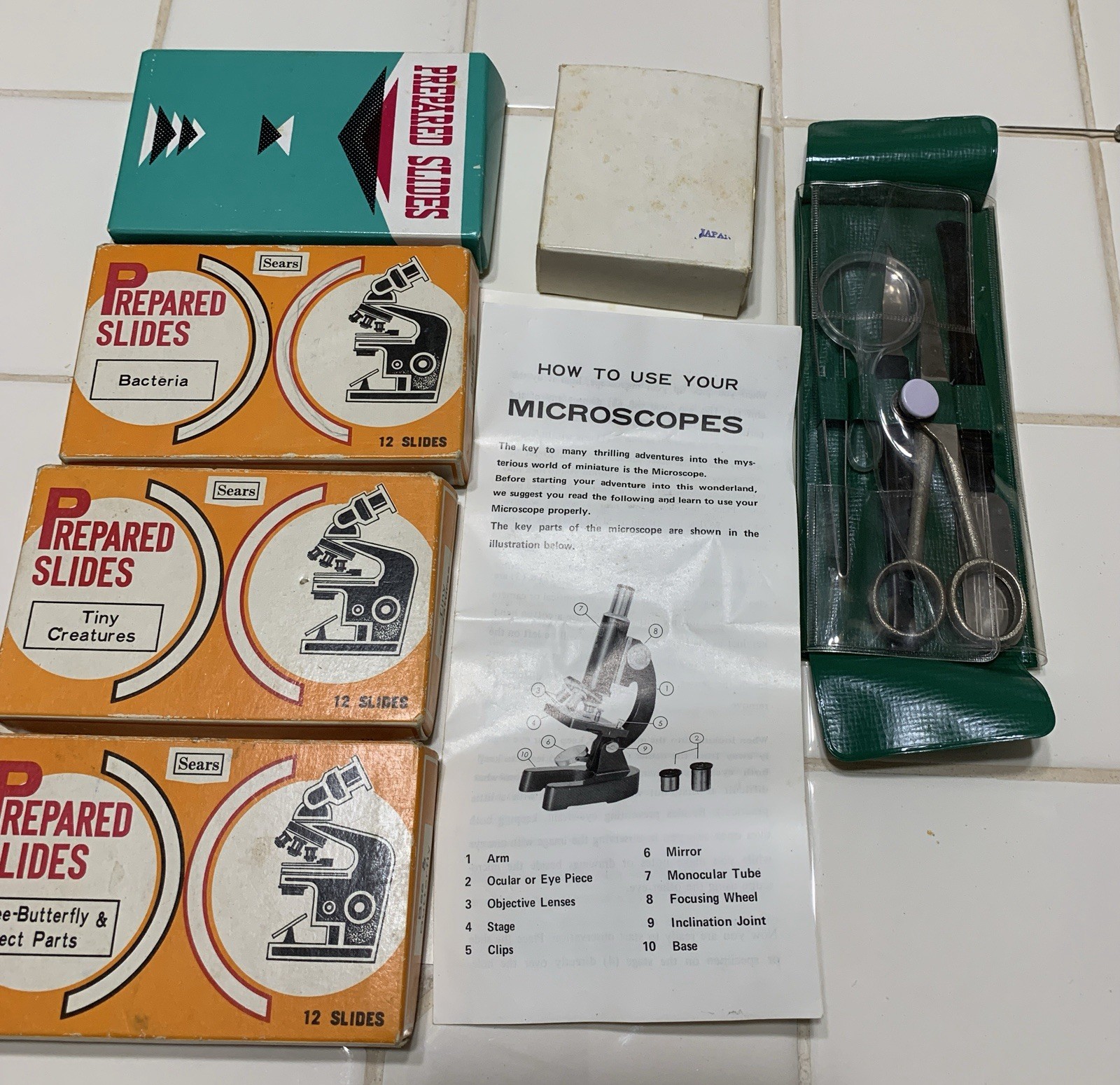Microscope by Selsi with original wood case, Slides, Tools, Drops, Manuals