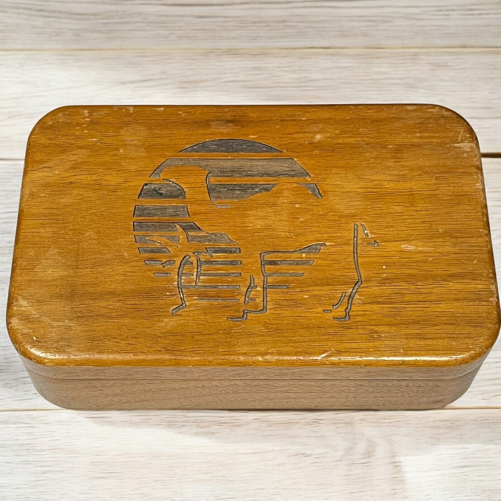 Vintage Camel Oasis Hand Carved Wooden Velvet Lined Storage Box W/ Flip Top Lid