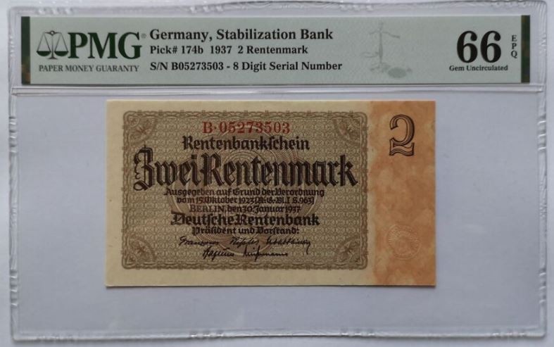 Germany 2 rentenmark Stabilization Bank 1937 8 digit PMG 66 EPQ GEM Pick# 174b