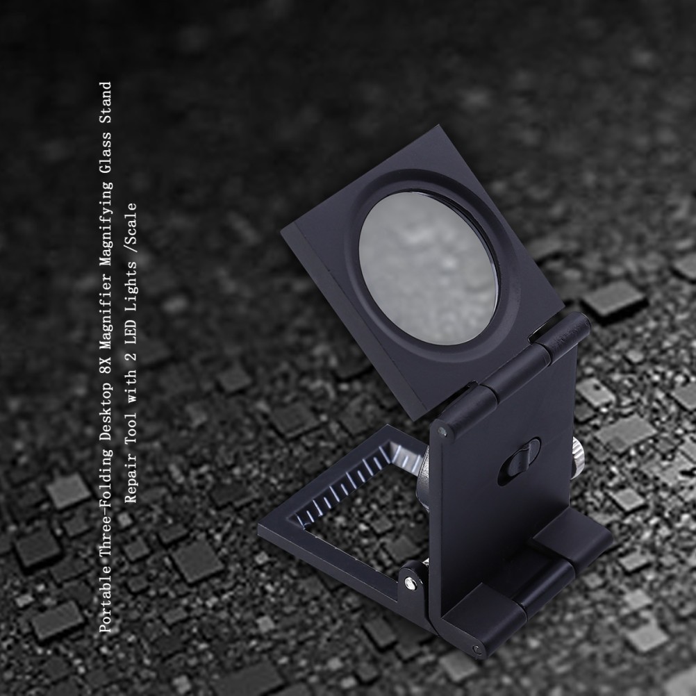 Portable Three Folding Desktop 8X Magnifier Glass Stand with Led Lights Scale