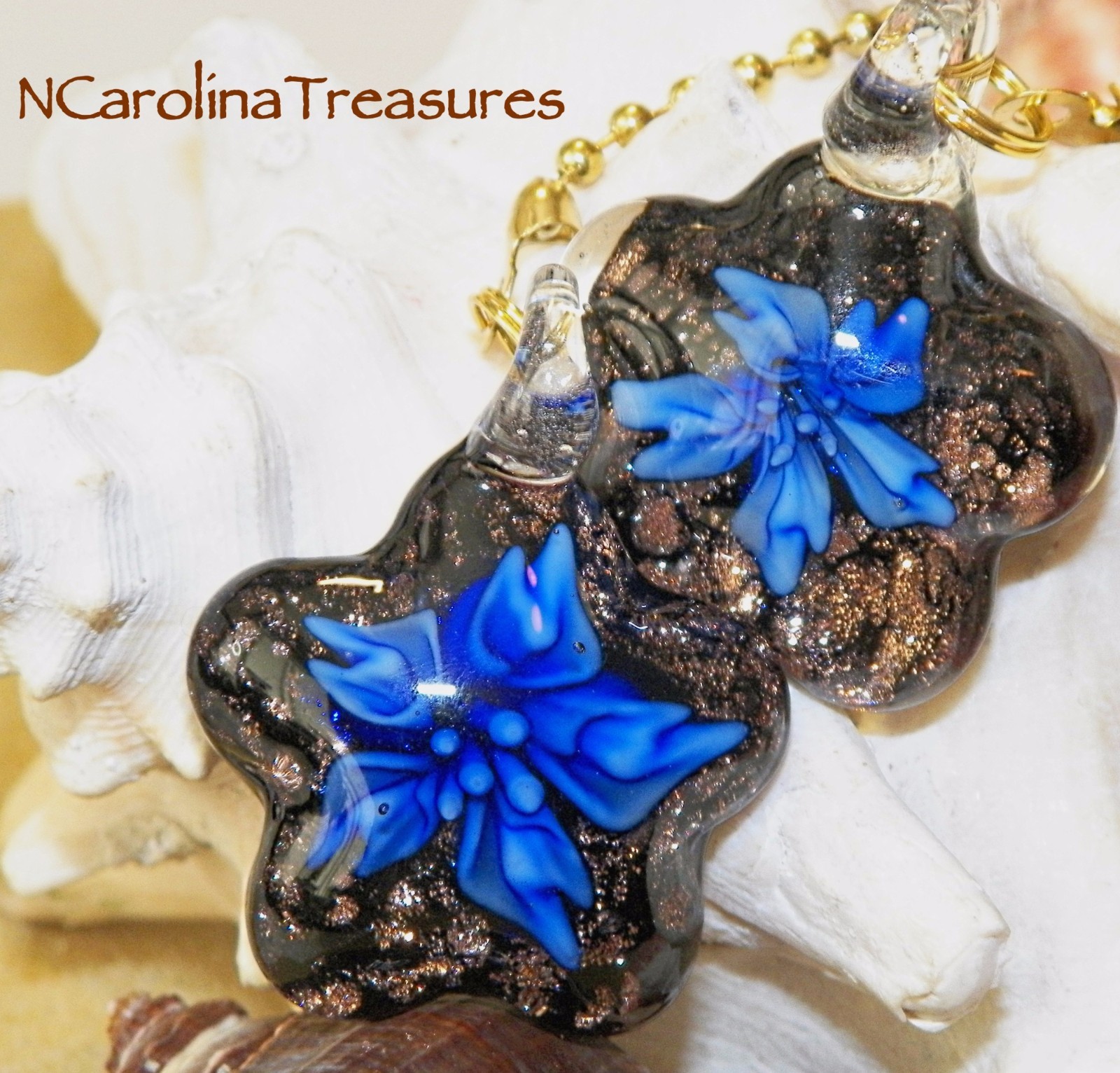 GLASS CEILING FAN CHAIN SWITCH PULL BLACK GLITTER BLUE FLORAL STAR LARGE PAIR