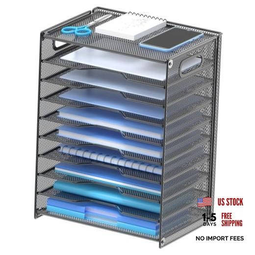 10 Tier Paper Organizer - Letter Tray Mesh Desk File Organizer with Black