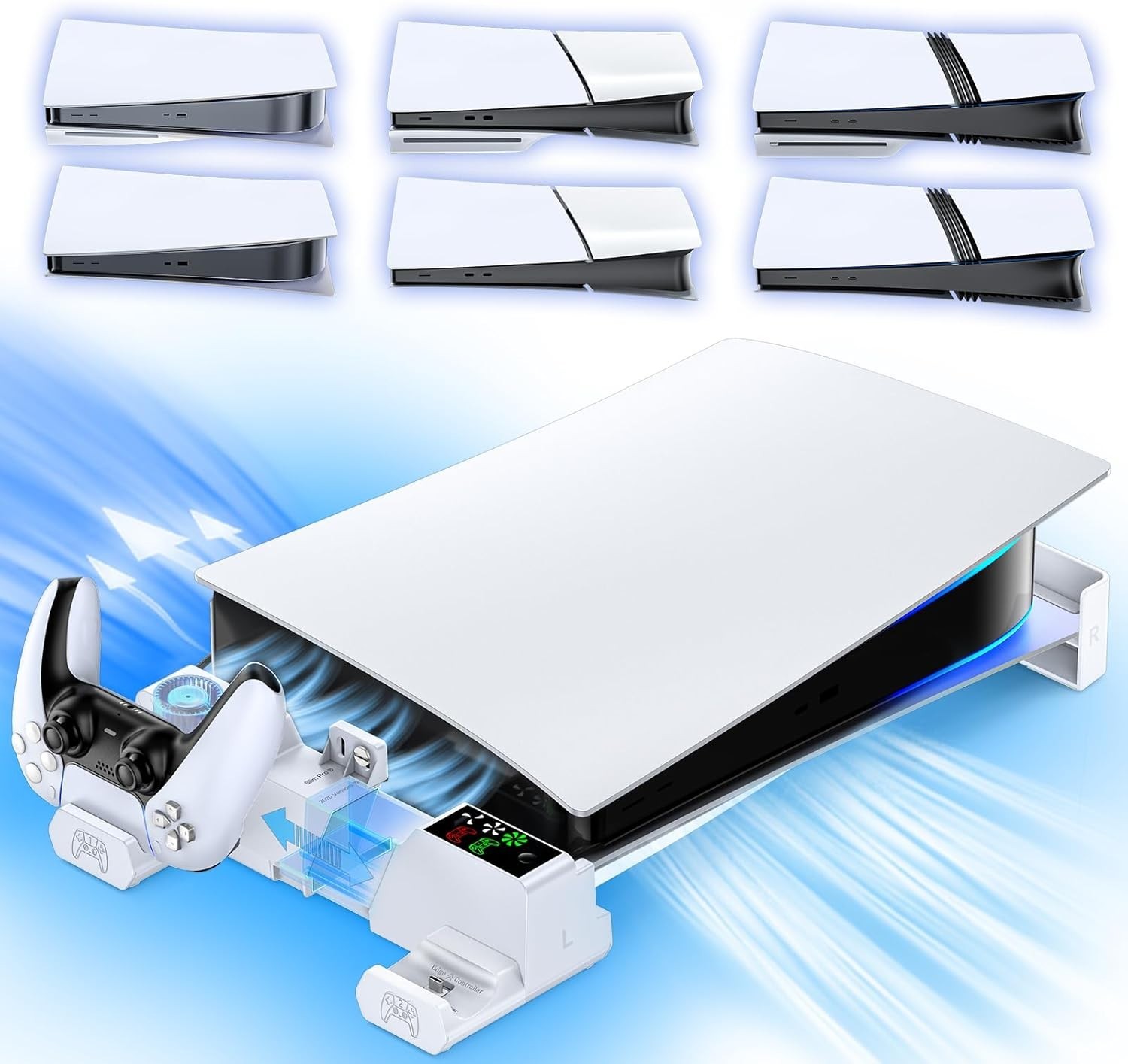 Ps5/Slim/Pro Horizontal Stand with Cooling Fan & Charger for Original & Edge Con