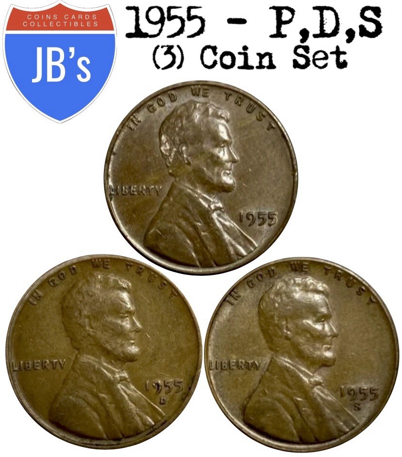 1955 P D S Lincoln Wheat Cent Penny 1c - (3) Coin Set - Circulated (G/VG)