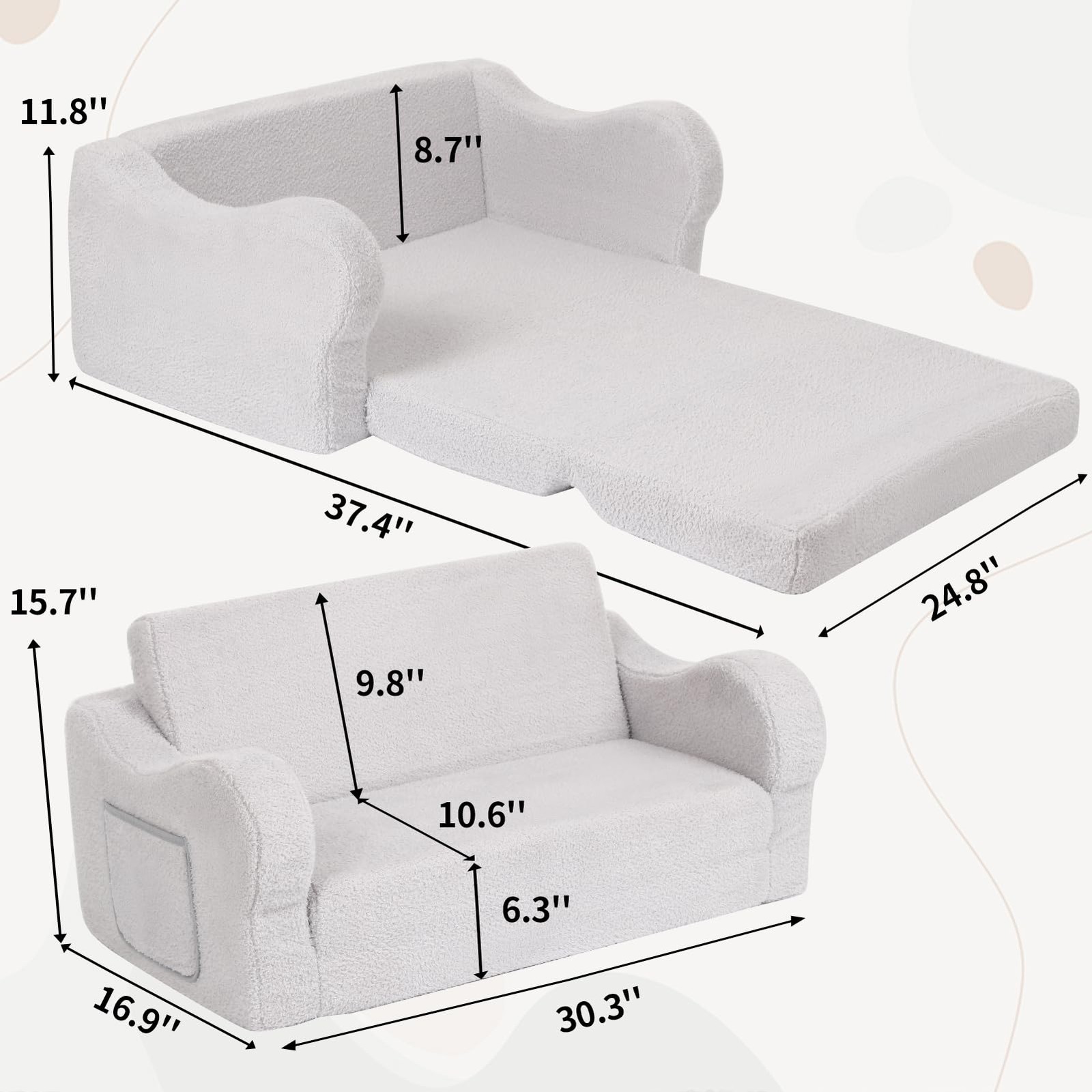 Extra Wide Toddler Chair, 2-in-1 Toddler Couch Fold Out, Convertible Sherpa S...