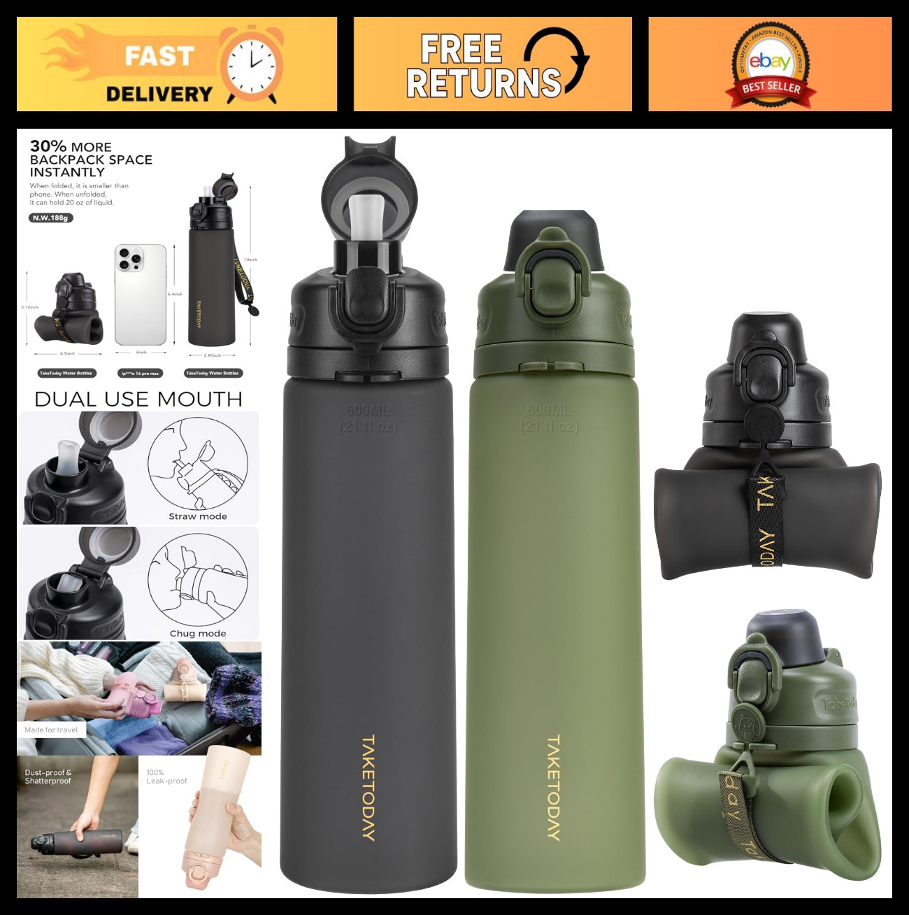 Collapsible 21oz Water Bottle, Foldable Silicone Travel Flask with Straw & Strap