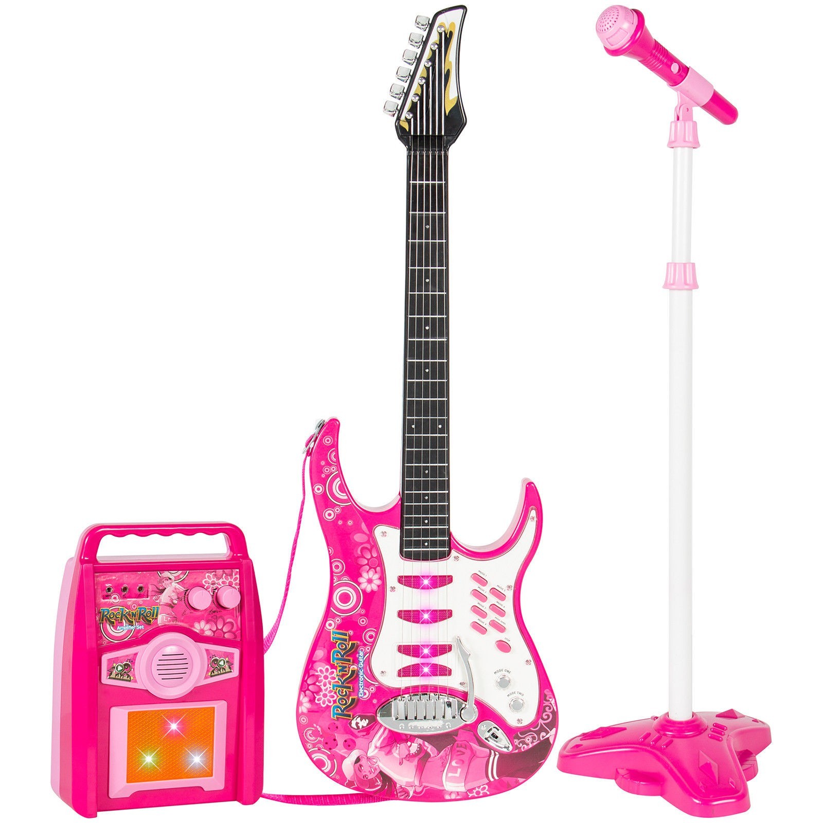 Kids Karaoke Electric Guitar Set MP3 Player Learning Toys Microphone, Amp Pink