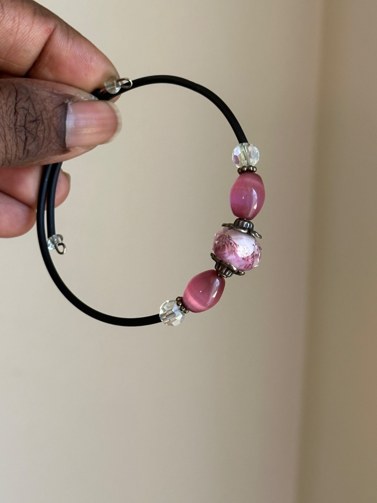 Handmade Bracelet Pink Glass Beads Crystal Accent Adjustable Beach Vacation
