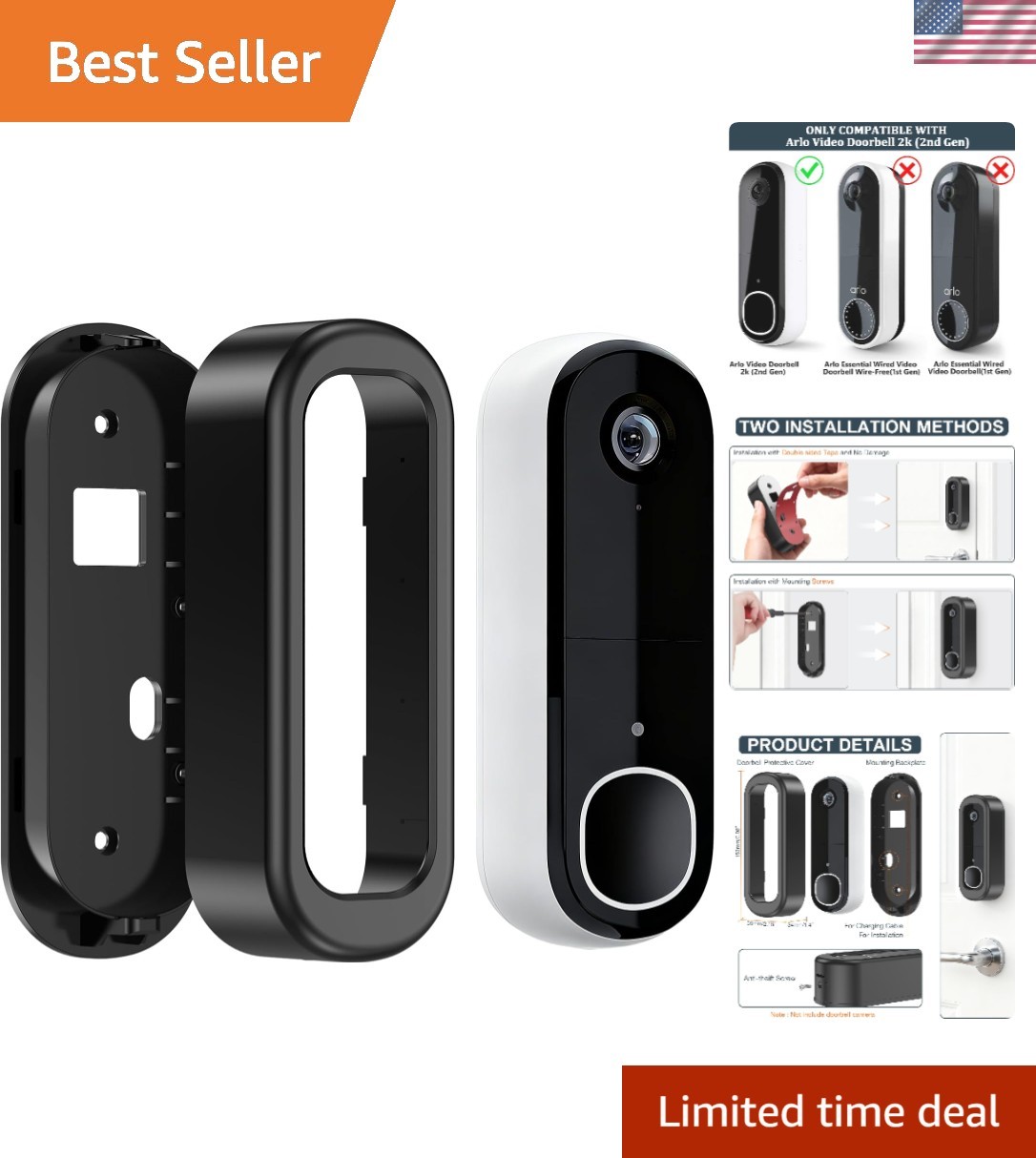 Secure No-Drill Doorbell Mount for Arlo Video Doorbell 2K - Anti-Theft Design