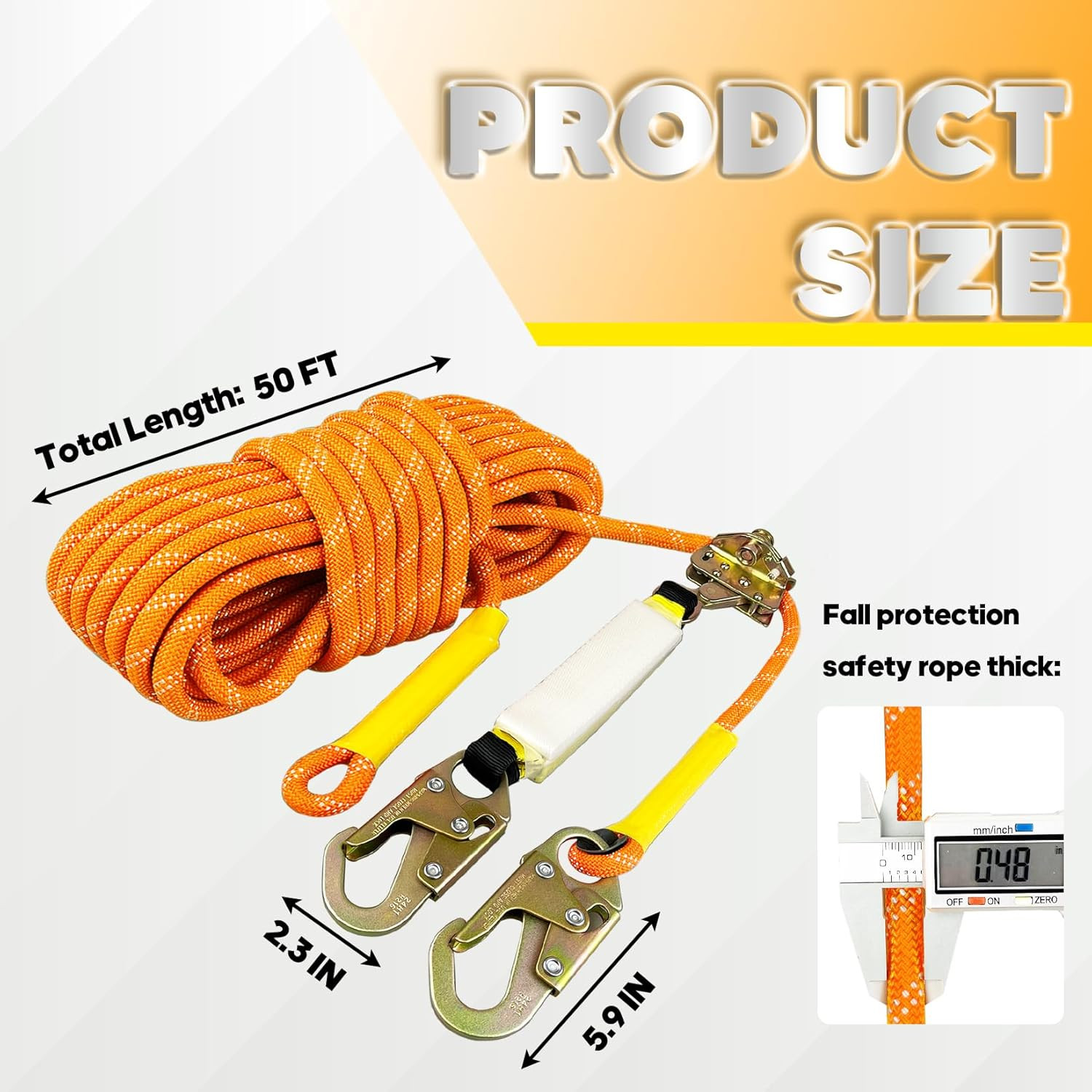Fall Protection Safety Rope 50FT Heavy Duty Vertical Roofing Ropes