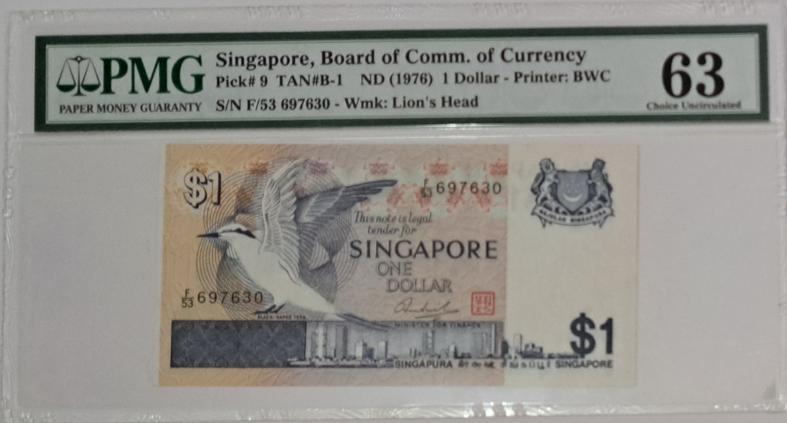 SINGAPORE 1976 Board of Comm. Of Currency $1 Dollar SN# F53697630 PMG 63 Note