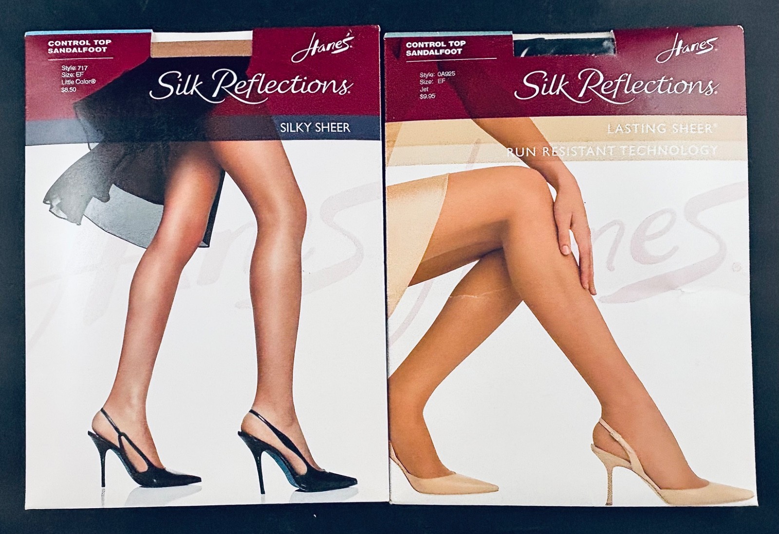 VTG 2PR HANES SILK REFLECTIONS SHEER CONTROL TOP SANDALFOOT PANTYHOSE SZ EF NOS