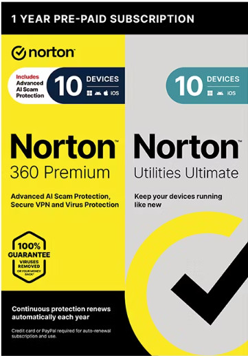 Norton 360 Premium 10 Devices(Secure VPN), 1-Year Subscription with Auto Renewal