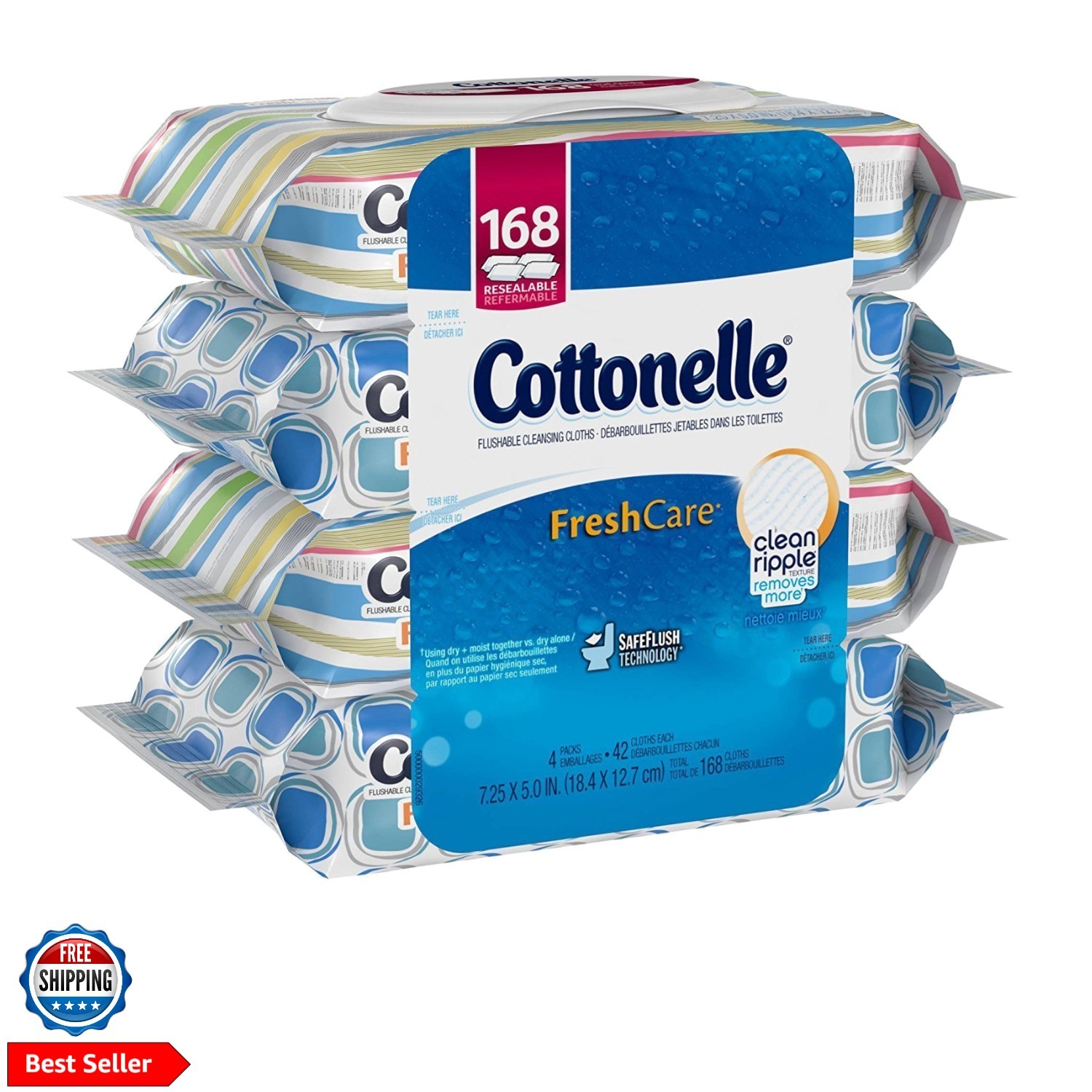 FreshCare Flushable Cleansing Cloths, Ripple Texture, 42 Count Pack of 4