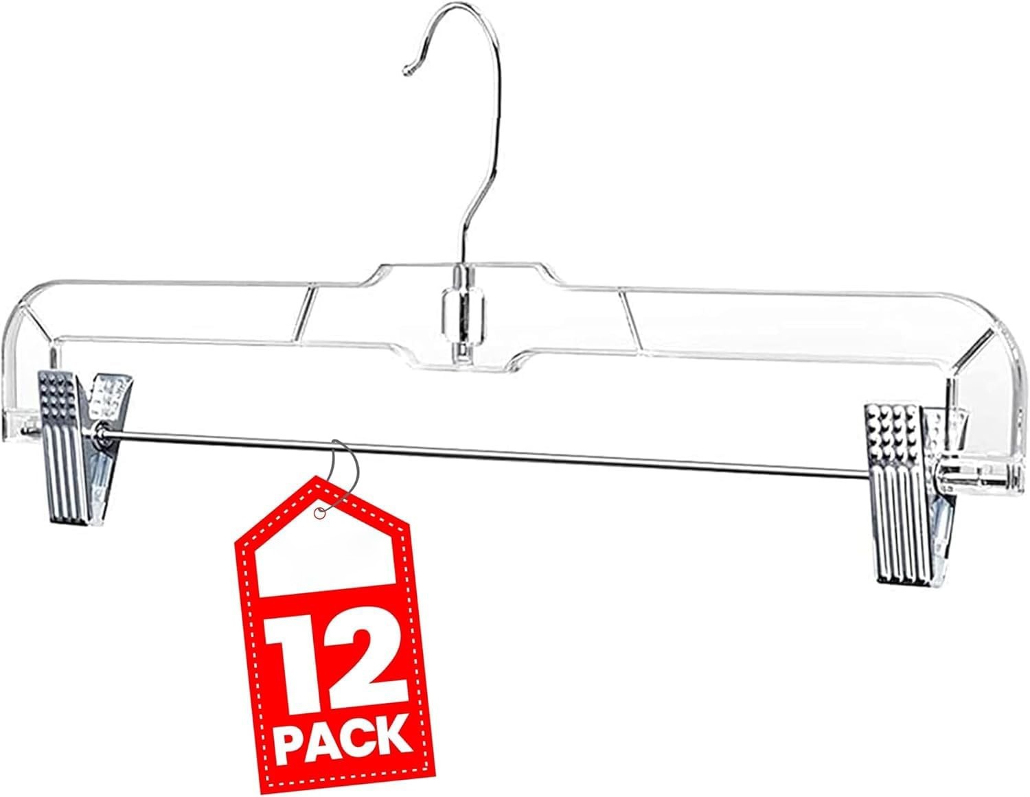 Adjustable Clip Hanger, Plastic Skirt Pants Hanger, Non Slip, Clear, 12 Pack