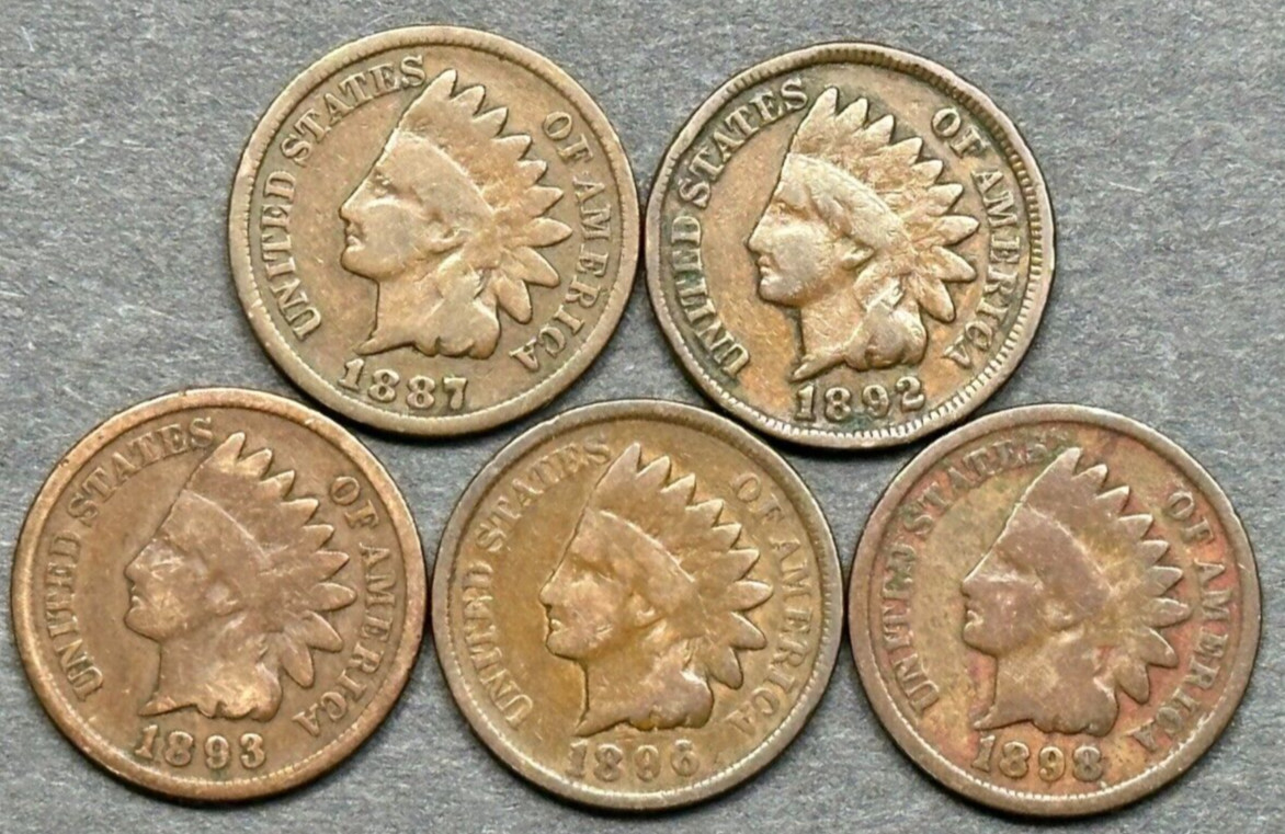 Estate Sale ~ Indian Head Cent Penny Lot of 5 DIFFERENT Dates From 1880 To 1899