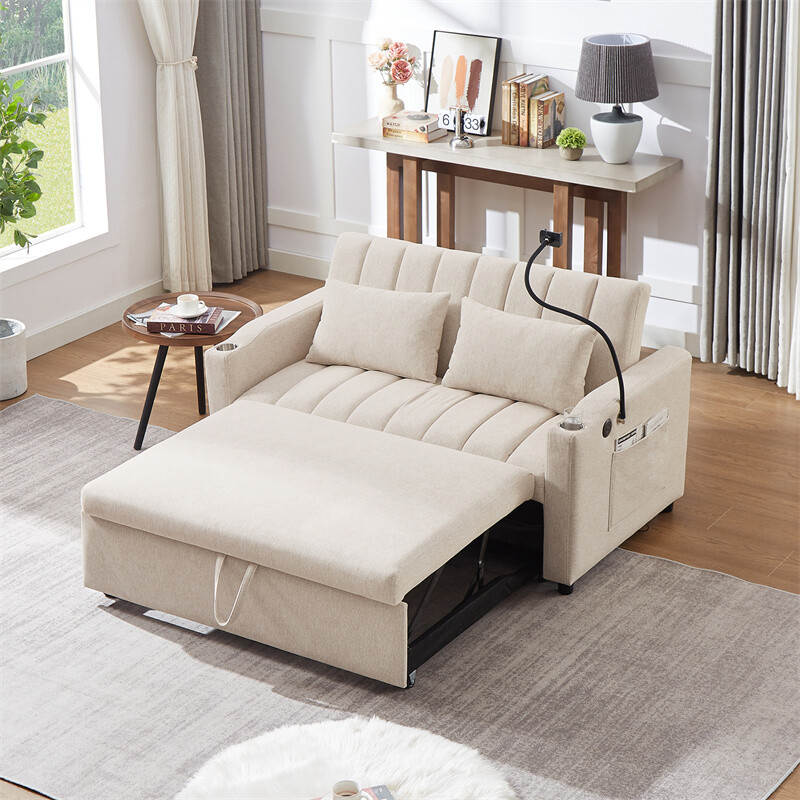 55.9" Convertible Sofa Bed Loveseat Sofa w/Adjustable Backrest & Phone Holder