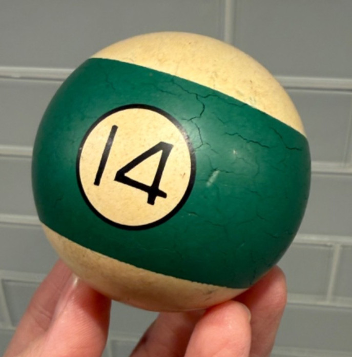 Vintage Clay Billiard Pool Ball Brunswick Aged Patina GREEN STRIPED #14 Ball