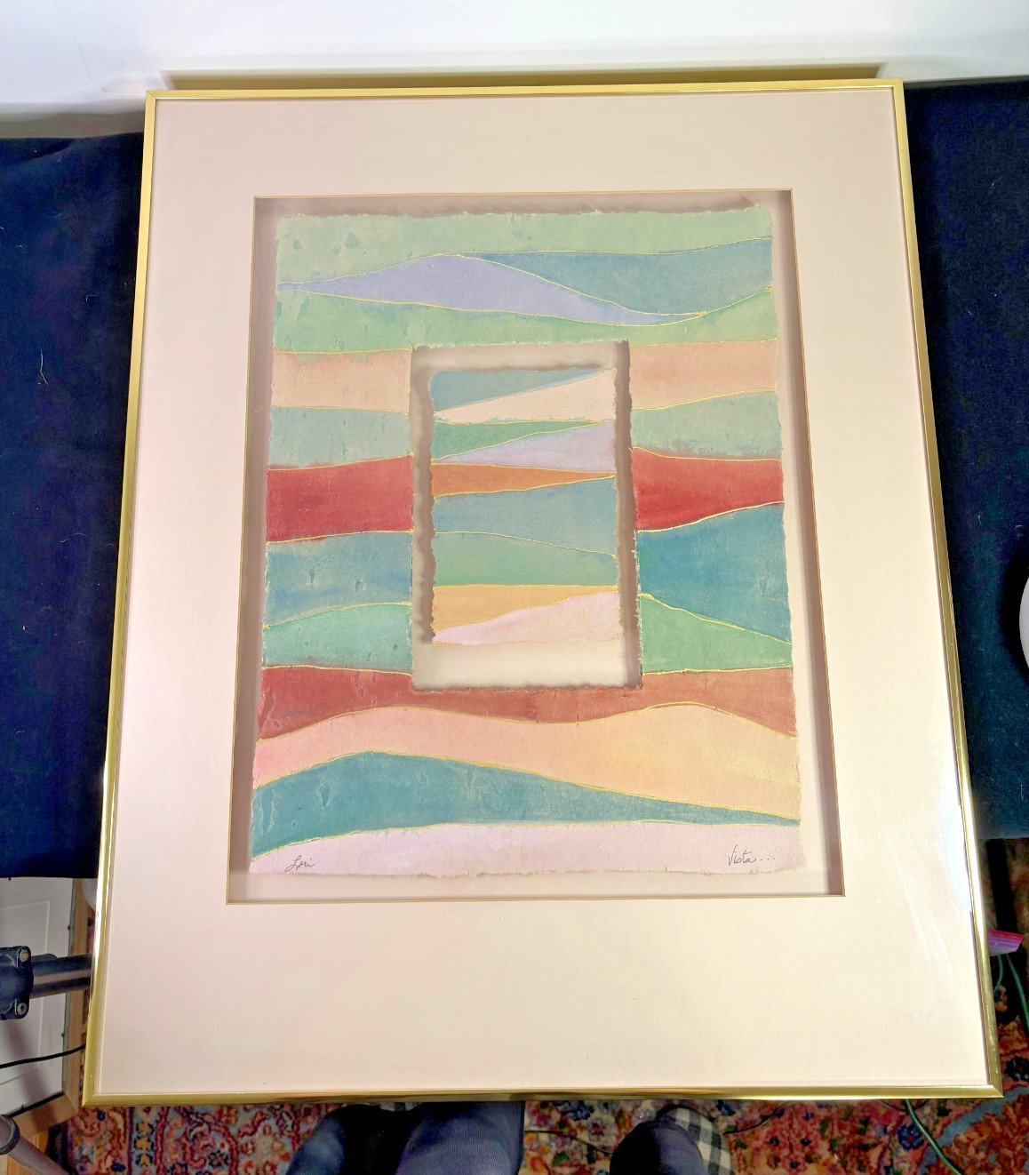 Lori “Vista” Torn Handmade Paper Collage Framed Abstract Landscape