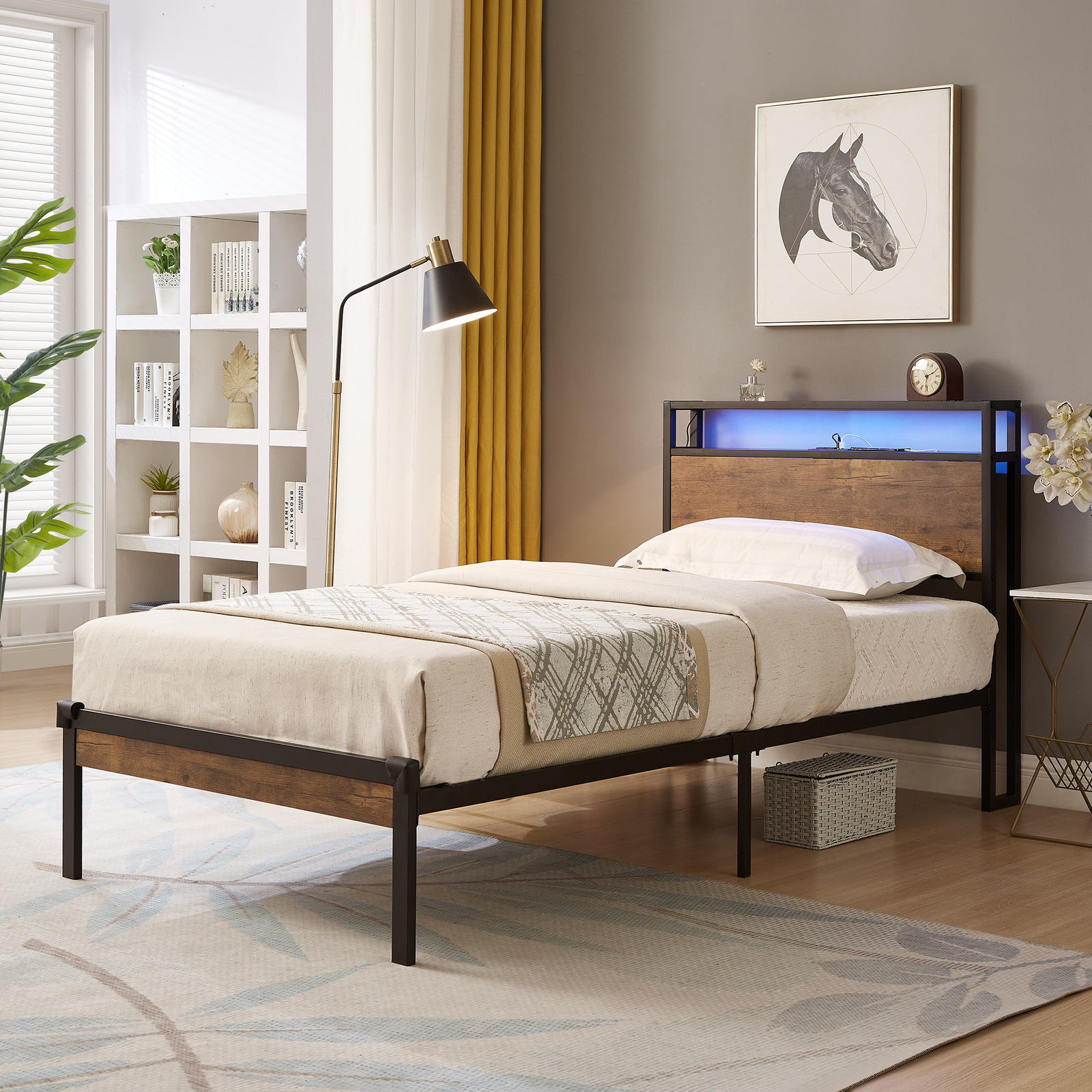Twin Size Metal Platform Bed Frame with Wooden Headboard and Footboard with USB