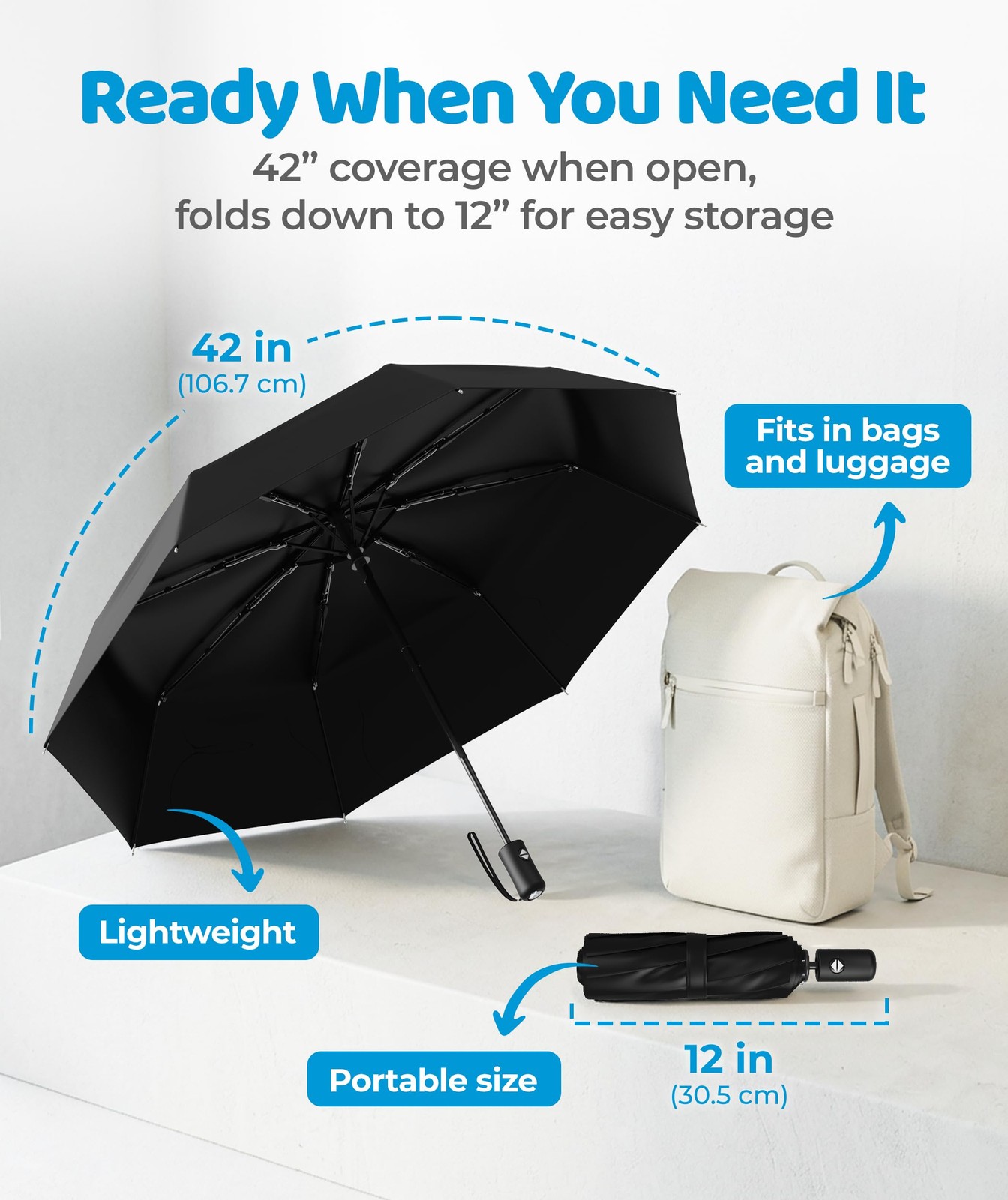 Rain-Mate Windproof Compact Umbrellas for Rain - Strong Compact, A.Black