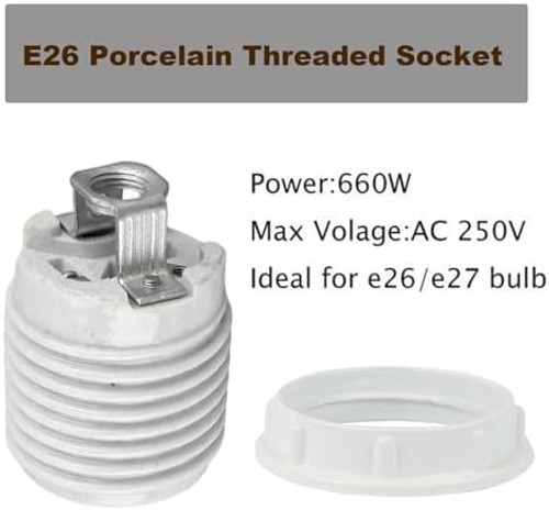 E26 Socket,Ceramic Medium Base Screw Socket E26 E27 Threaded Glazed Porcelain...