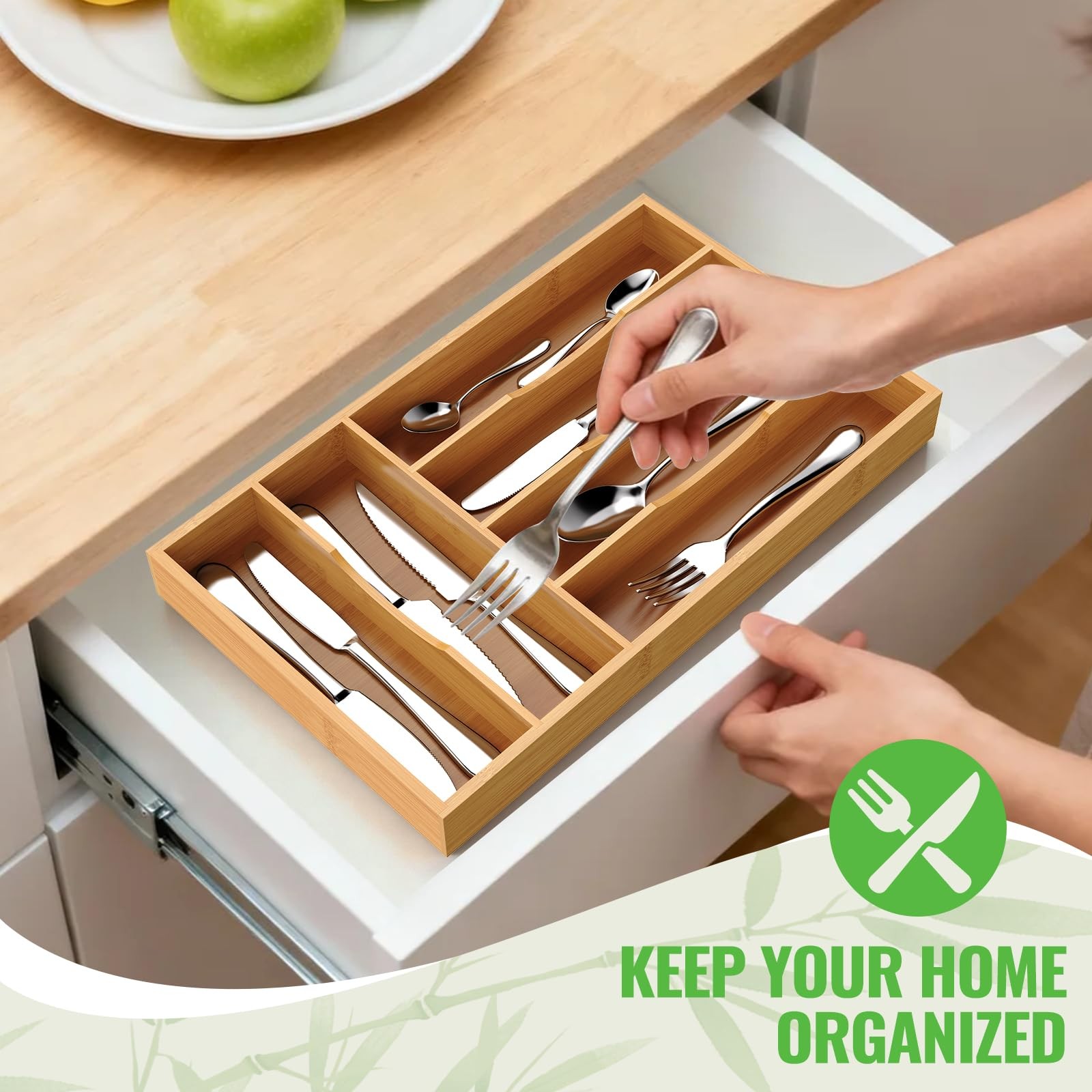 Bayting Bamboo Silverware Organizer, Kitchen Drawer Medium,