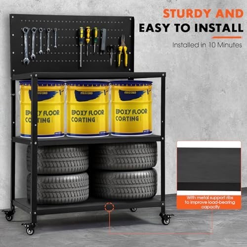 Heavy Duty 200LBS Workbench with Pegboard & Lockable Wheels, Rolling Tool Storag