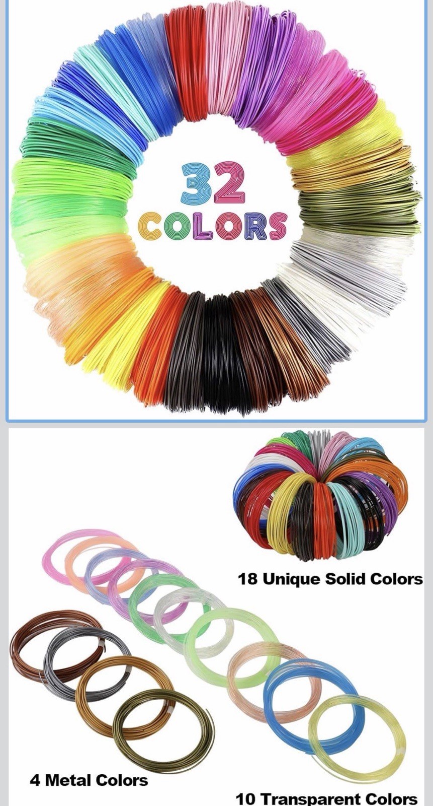 H-8. MIKA3D 32 Colors 3D Pen PLA Filament Refills 10' Each 320' 1600