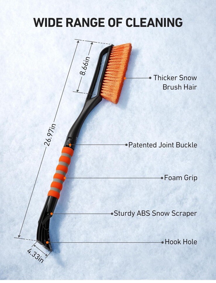 27 Inch Snow Brush and Detachable Ice Scraper with Ergonomic Foam Grip