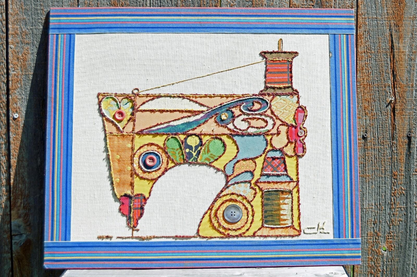 VTG Pieced Fabric Quilt Embroidery Collage Wall Art Sewing Machine Retro 1970s