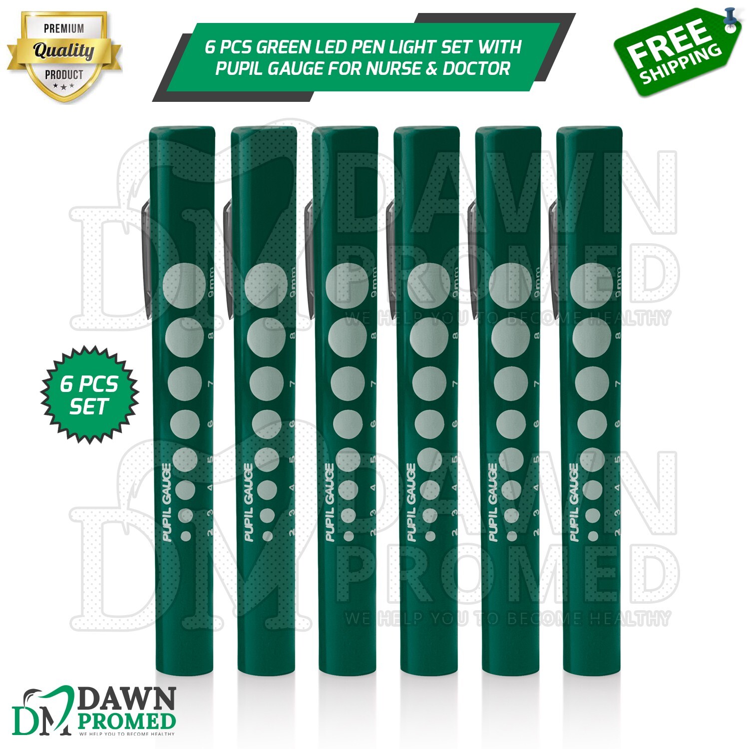 6 Pcs Green LED Pen Light Set With Pupil Gauge for Nurse Doctor & Paramedics