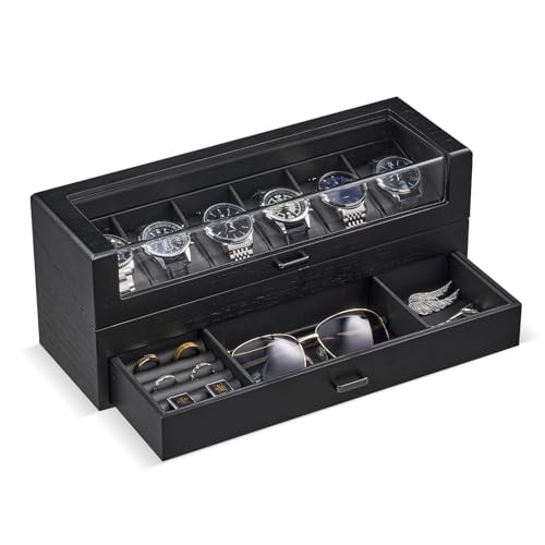 Wooden Watch Box for Men, Watch Display Case with Glass Lid, 6 Slot Black
