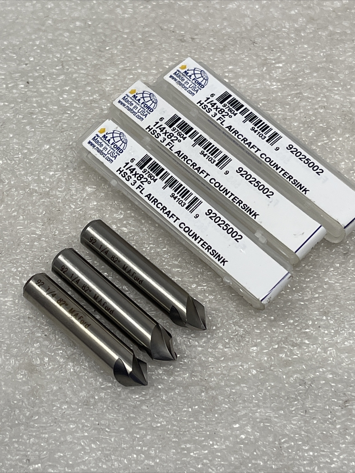 New M.A. Ford 3 Flute HSS Aircraft Countersinks 1/4” x 82°, 92025002, Lot Of (3)