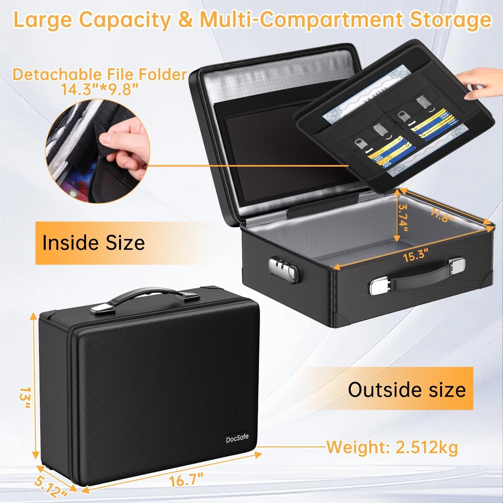 DocSafe 6400°F Fireproof Document Box with Lock, Water Resistant, Black