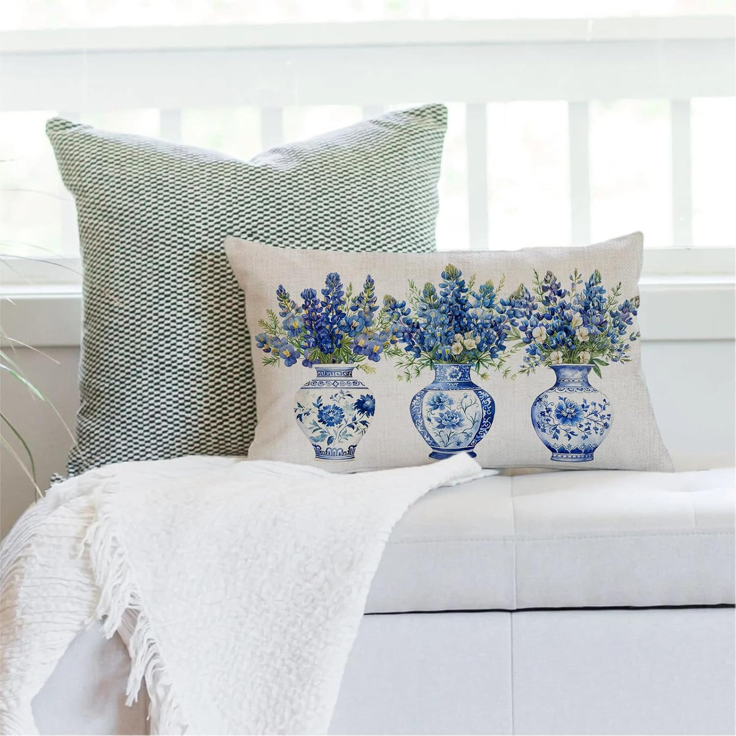 Bluebonnet Throw Pillow Cover 12x20 Inch Spring Blue Floral Chinoiserie Vase Pil